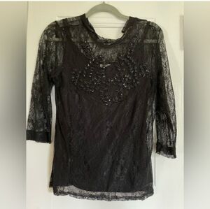 Joyfolie Black Lace Beaded 3/4 Sleeve Blouse